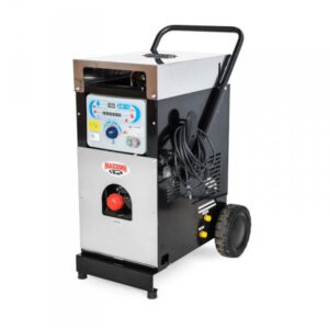 Mazzoni Firebox a machine that turns cold water into steam for heavy- duty commercial cleaning applications, a square unit with handle and 2 wheels for easy handling